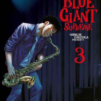 Copertina manga Blue Giant Supreme 3 con sassofonista in performance dal vivo sul palco.