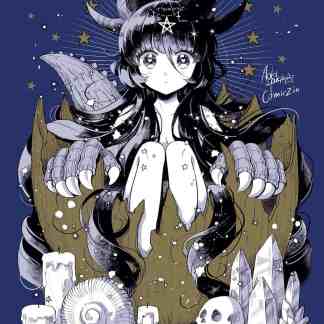 Personaggio manga Kaiju Girl Caramelise con dettagli fantasy e magici, atmosfera oscura e misteriosa, simboli e elementi soprannaturali.