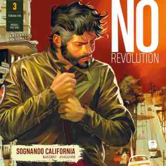 Ragazzo con giubotto verde, sfondo urbano e automezzi, copertina fumetto Mister No Revolt.