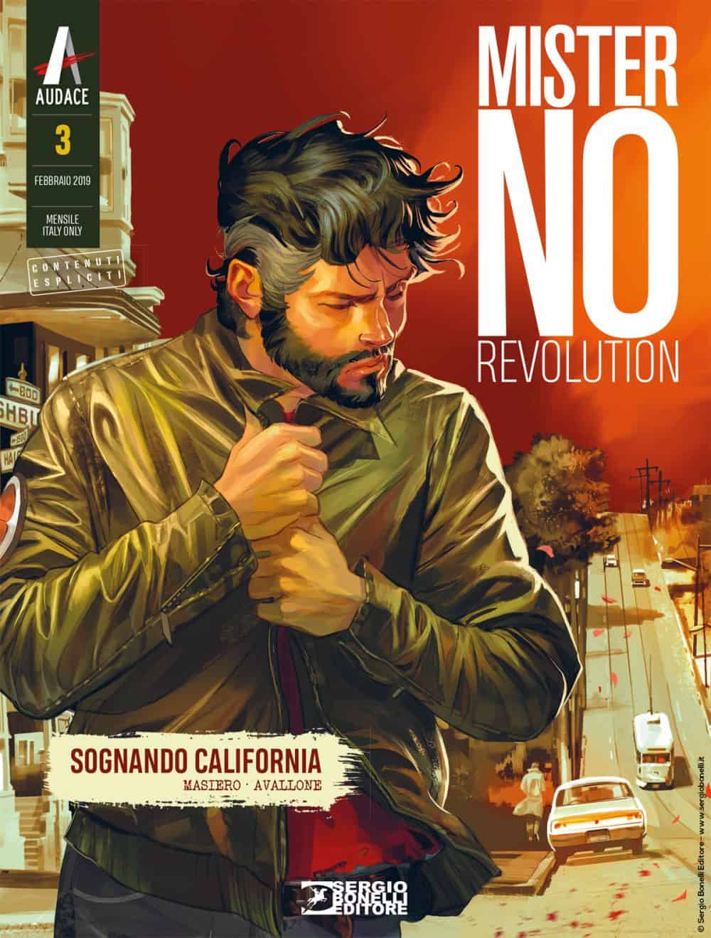 Ragazzo con giubotto verde, sfondo urbano e automezzi, copertina fumetto Mister No Revolt.