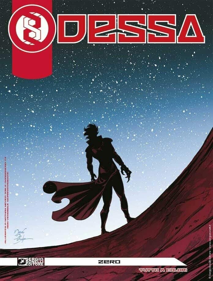 Illustrazione di Odessa Zero, personaggio dark silhouette contro un cielo stellato. Cover che richiama il fumetto di Odessa Numero Zero.