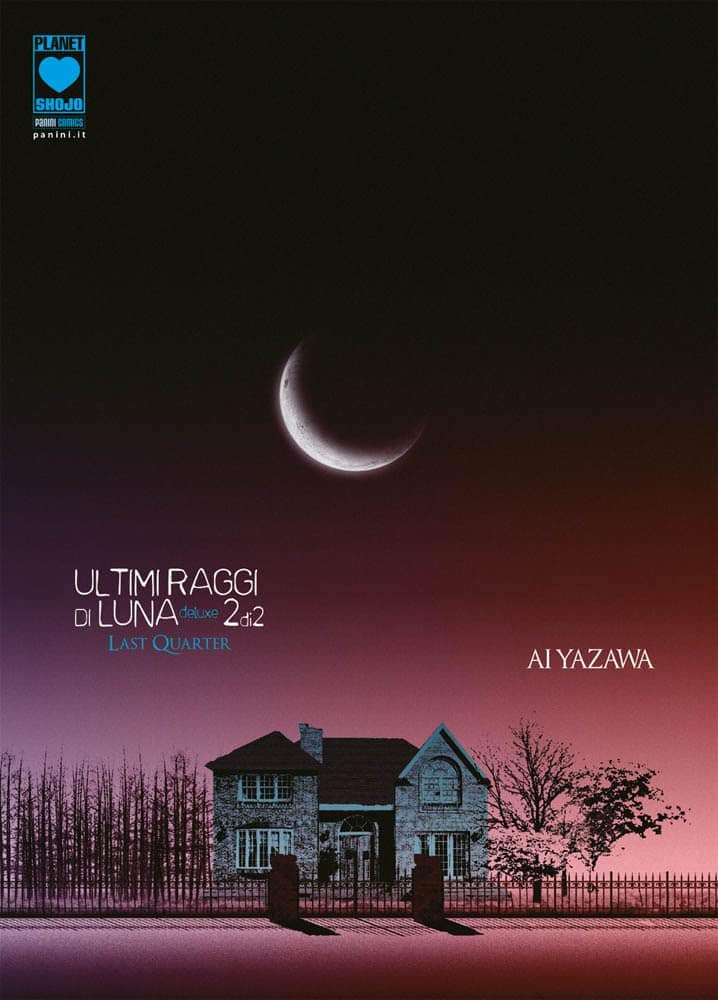 Misteriosa luna calante sulla casa al tramonto, ambientazione di fumetti giapponesi.