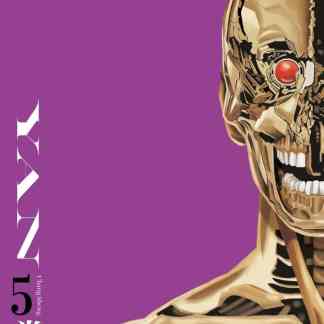 Dettaglio di un robot scheletrico con occhio rosso e sorriso su sfondo viola.