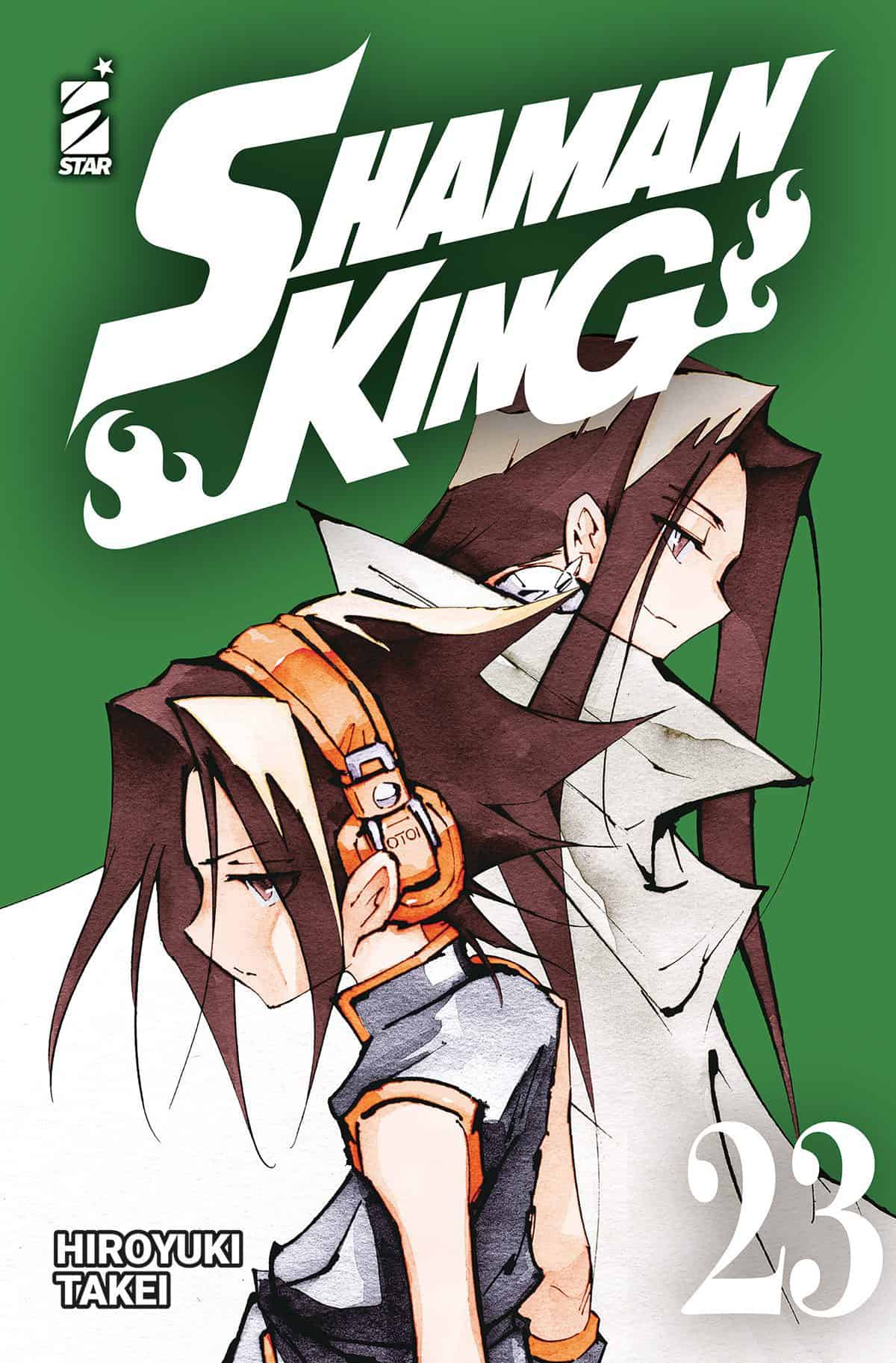 Copertina di Shaman King Final Edition 23, personaggi principali in stile anime, colore verde e design dinamico.