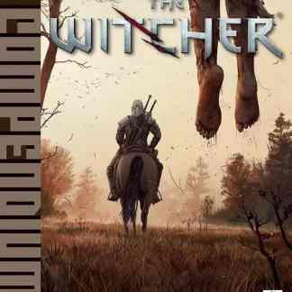 Immagine di Geralt a cavallo in un paesaggio autunnale con creature mostruose in alto.