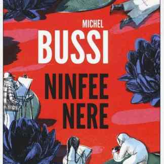 Illustrazione di ninfee nere con artisti e natura, copertina del libro di Michel Bussi, atmosfera elegante e suggestiva.