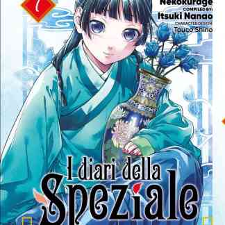 Ragazza con kimono e bouquet di rose blu in stile manga fantasy.