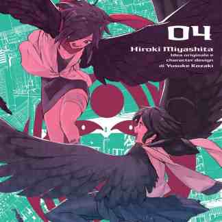 Un'immagine dinamica del personaggio con ali nere e un drago futuristico sullo sfondo, rappresentando il manga TK Crow 4 di Hiroki Miyashita.