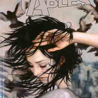 Innocente ragazza con capelli fluenti, arte moderna e copertina fumetti Fables, emozioni profonde, copertina di rivista con sfondo artistico.