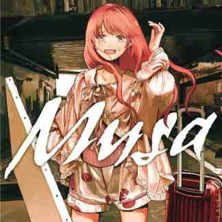 Ragazza con valigia rossa e borsa, scena di viaggio triste, copertina manga "L'Essenza di una Musa 1".