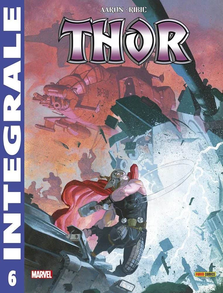 Alt: Copertina di Thor di Jason Aaron n.6, fumetto Marvel con Thor in azione tra esplosioni e astronavi.