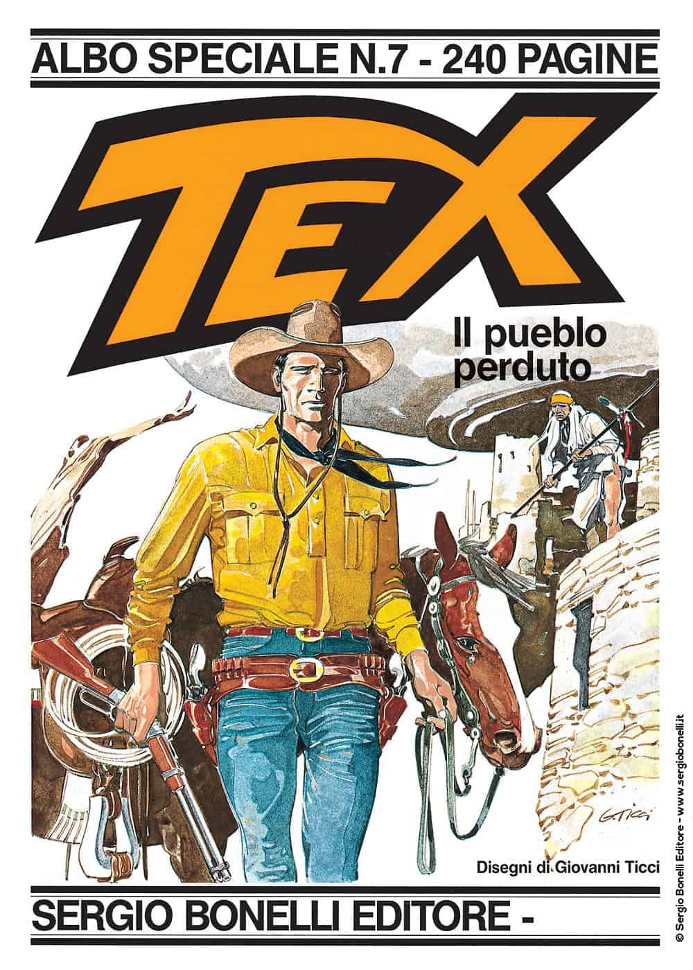 Cowboy Tex in copertina, scena western con personaggi e paesaggi desertici.