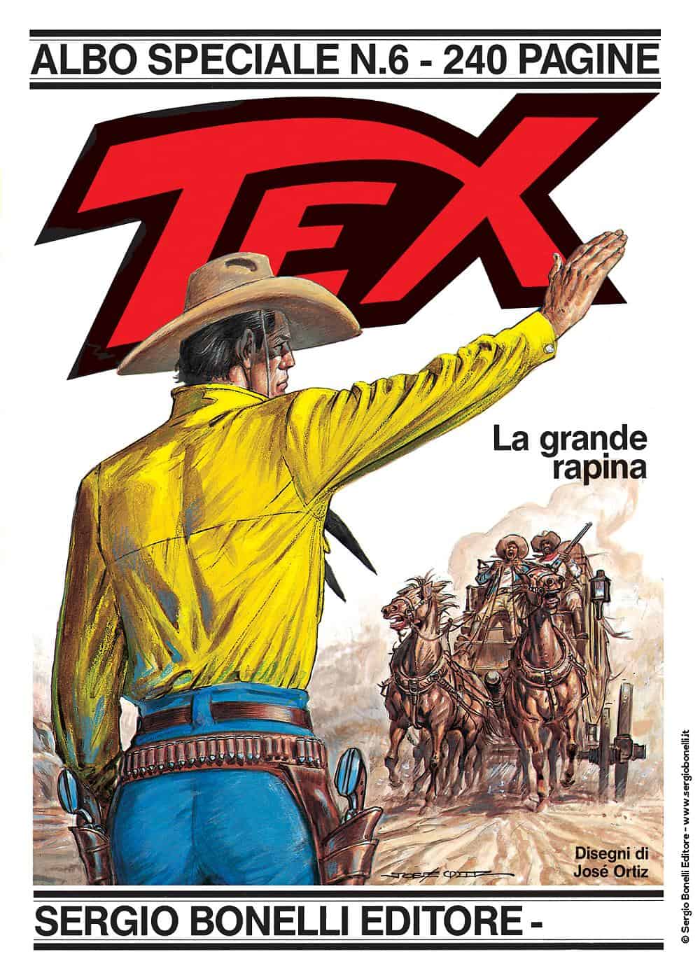 Illustrazione copertina Tex speciale 6 con cowboy e scena di rapina emozionante.