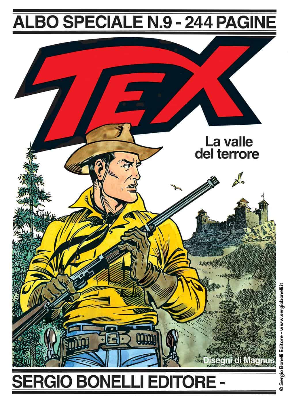 Copertina di Tex, episodio speciale di Magnus, con protagonista l'eroe in abiti da esploratore nel west.