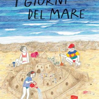 Sandcastle beach scene with children playing in the summer sun.