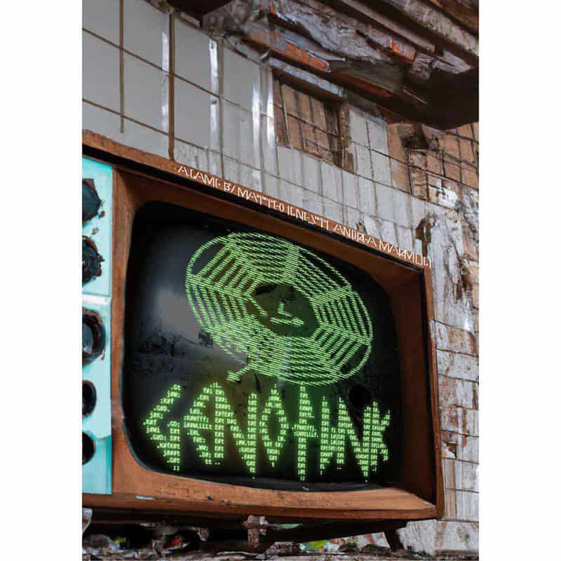 Schermo CRT con arte digitale in stile ASCII verde.