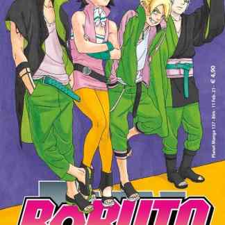 Personaggi di Boruto con abiti colorati e sfondo viola.