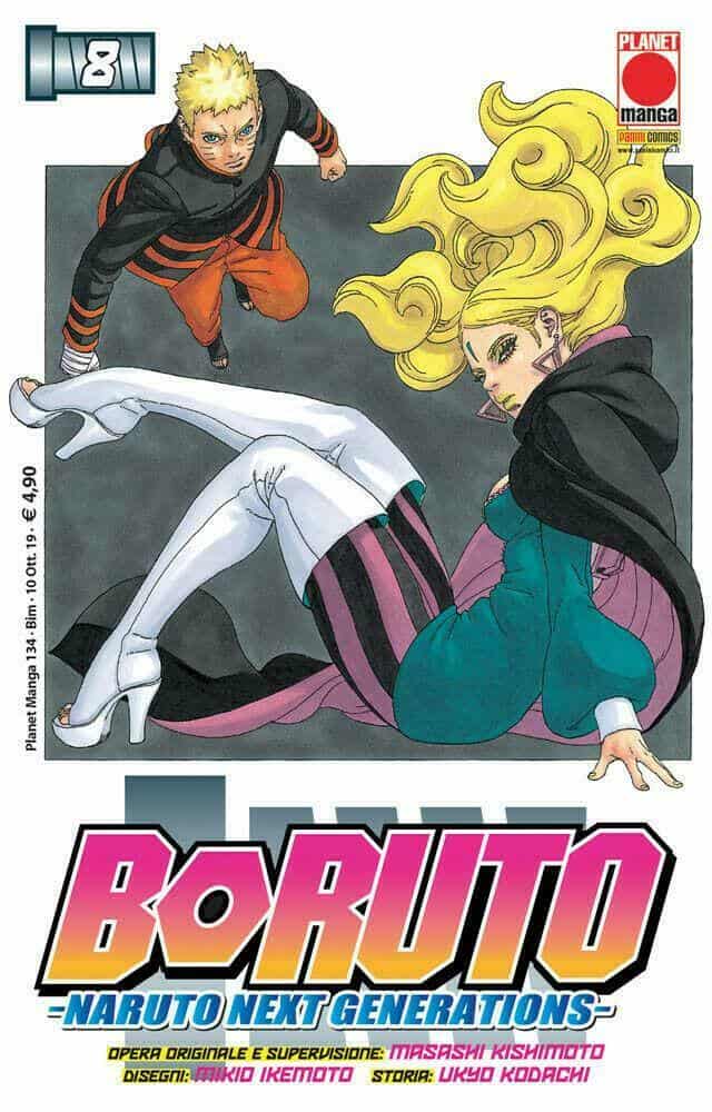Alt: Copertina manga Boruto con personaggi Naruto e Hinata in stile anime robusto.
