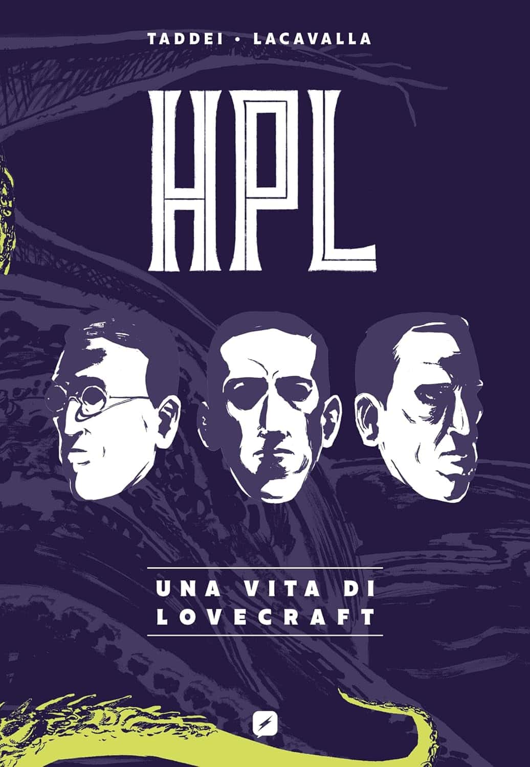 Illustrazione con tre volti stilizzati di personaggi, sfondo scuro, stile fumetto Lovecraft, copertina di graphic novel.