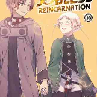 Immagine di due personaggi di Mushoku Tensei, uno con capelli rosa e l'altro con orecchie elfiche, dal manga JoBless.