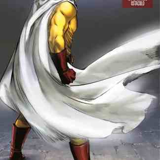 Alt: Immagine di Saitama, il protagonista di One Punch Man, in posa con il suo mantello bianco e costume giallo.