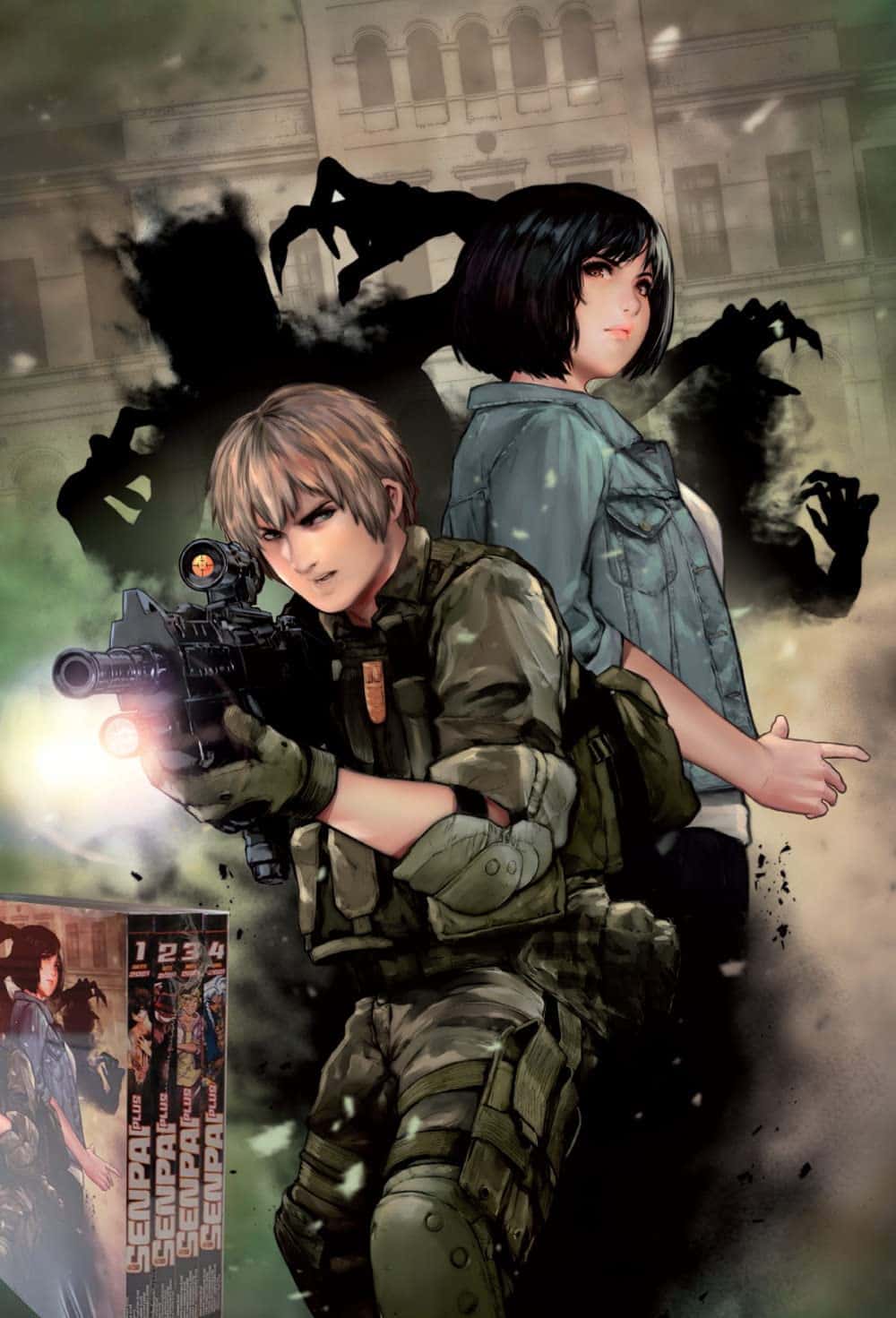 ALT: Cover artwork delle graphic novel Senpai Plus pack 1-4, personaggi principali con sfondo dark.