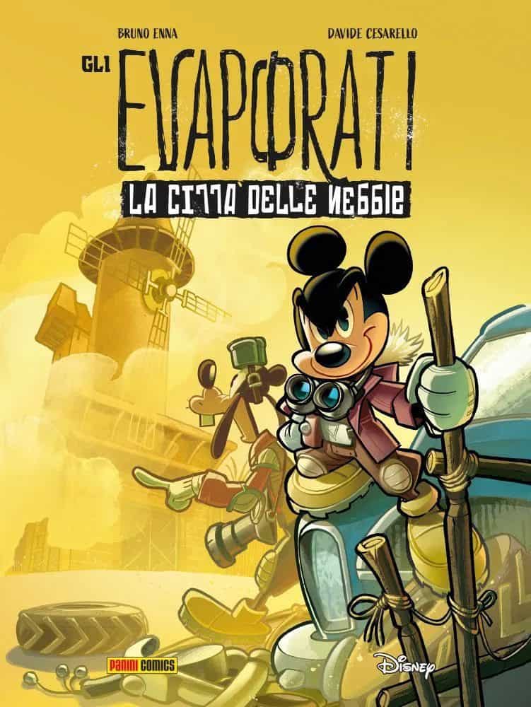 Immagine di Mickey Mouse come esploratore in stile fumetto, con mecannico e vento a sfondo city.