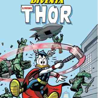 Alt: Paperino in costume da Thor con muscolosi nemici militari a sfondo città.