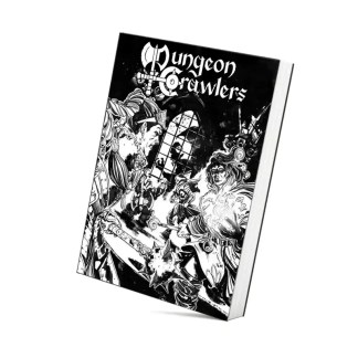 Carta del gioco Dungeon Crawlers per GDR italiani, con illustrazioni dettagliate e regole fantasy.