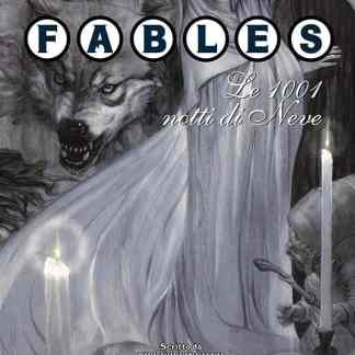 Illustrazione oscura di una giovane donna circondata da lupi e personaggi fantastici, atmosfera misteriosa e fiabesca.