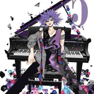 Un personaggio con capelli viola e look ribelle davanti a un pianoforte nero, circondato da gemme colorate e note musicali.