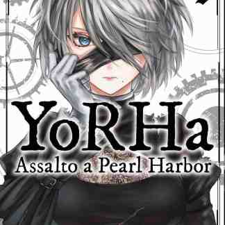 Ragazza con occhi azzurri e capelli grigi, vestita in stile futuristico, copre un occhio con una mano.