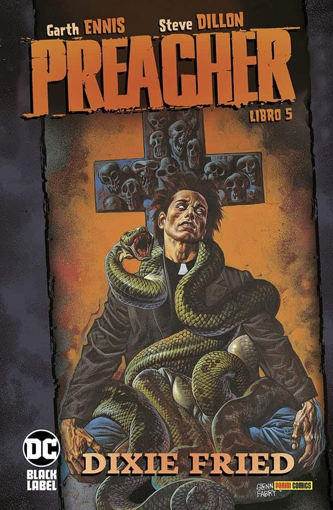 Copertina fumetto Preacher libro 5 con personaggio principale e serpente gigante, atmosfera dark e misteriosa.