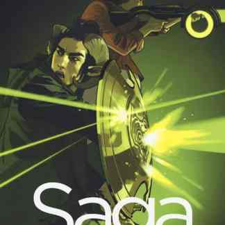 Copertina di Saga volume 7, personaggi con armi aliene e azione epica.