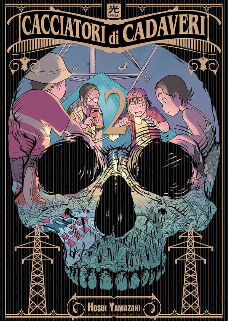 Cover art seriale manga horror, amici che ridono e scattano foto davanti a un teschio gigante.