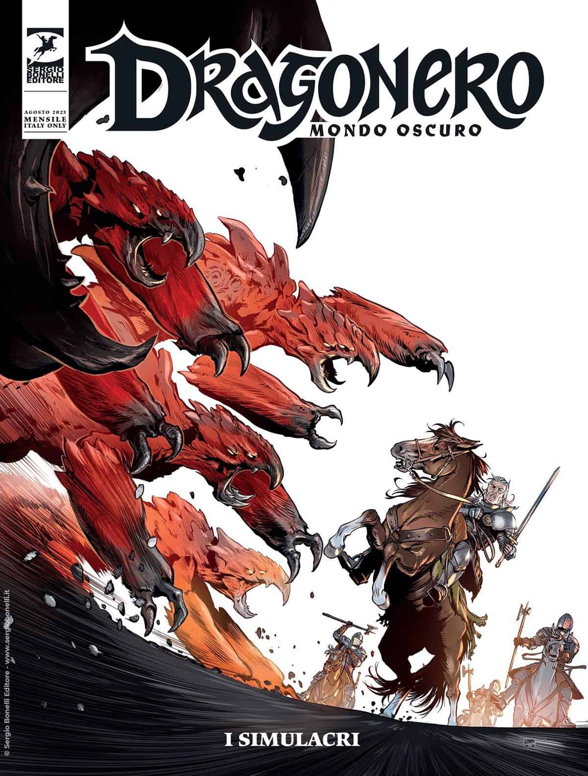 Mostra copertina di Dragonero Mondo Oscuro 10 con drago nero e cavalieri.