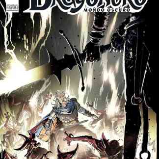 Guerriero con spada in battaglia contro mostri, copertina di comic fantasy Dragonero Mondo oscuro.