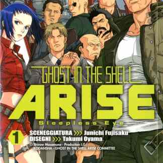 Immagine promozionale del manga Ghost in the Shell Arise 1 di scence d'azione cyberpunk.