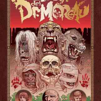 Immagine di copertina del libro H.G. Wells "L'Isola di Demoni", con mostri, scheletri e personaggi inquietanti.