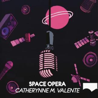 Microfono e satelliti nello spazio artistico in rosa e nero.