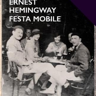 Scena storica di Ernest Hemingway durante una festa in un locale, in stile vintage nero e bianco.