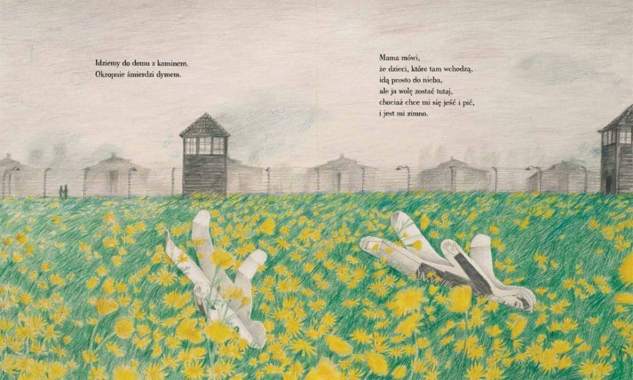 Illustrazione bambini campo fiori con baracche.