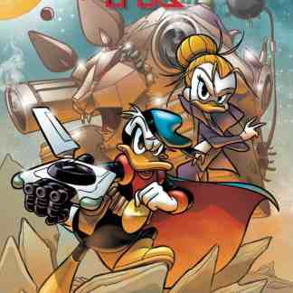 Immagine di Paperino e Daisy Duck in viaggio nello spazio con design cartoon, ambientazione fantascientifica, facce determinati, tecnologia avanzata.