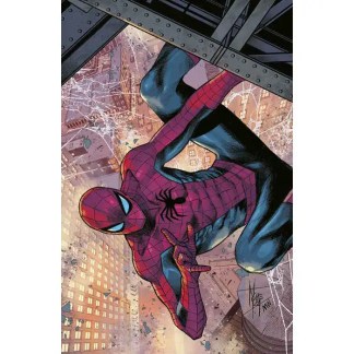 Fumetto di Spider-Man in azione con sfondo urbano distrutto, scena di azione e eroe dei fumetti.