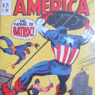 Descrizione di Capitan America, eroe Marvel, in azione contro villain con sfondo città.