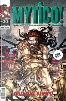 Copertina di un fumetto con un eroe mitico e scene di battaglia epiche.