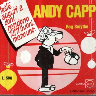 Caricatura di Andy Capp, personaggio di fumetti, con sfondo natalizio, ideal per collezionisti e appassionati di vignette classiche.