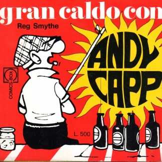 Illustrazione di Andy Capp che fuma con bottiglie e barattoli sullo sfondo rosso.