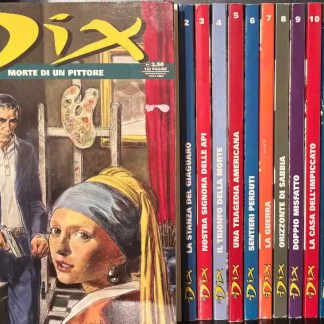 Illustrazione di copertina di un personaggio femminile e un uomo con pistola, collezione di libri di fumetti Dix.