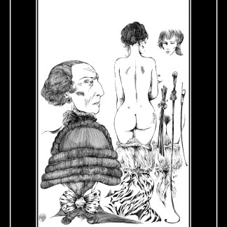 Ritratto femminile, figura nuda e strumenti artistici, copertina di fumetti di Guido Crepax, stile artistico dettagliato.